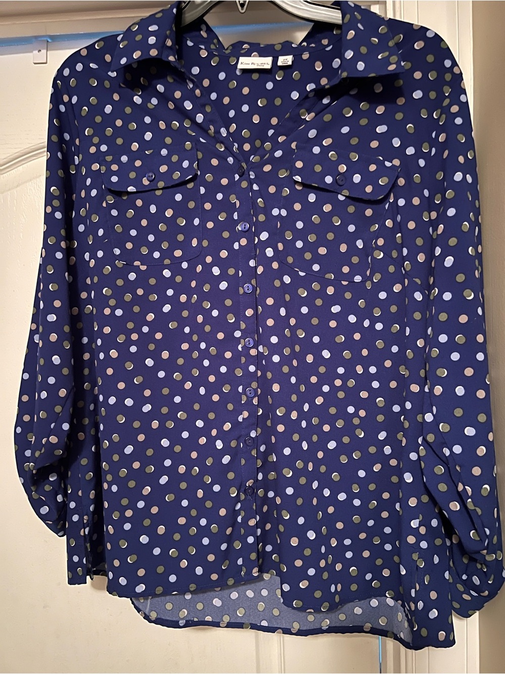 Kim Rogers Navy Button-Down Polka Dot Blouse